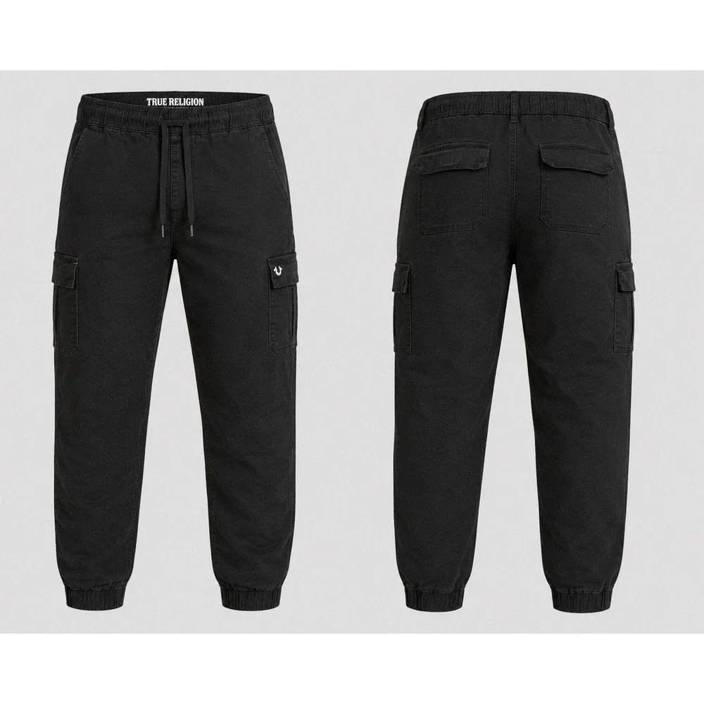 True Religion JOGGER PANTS  Mens MEDIUM Black Cargo Tapered DRAWSTRING